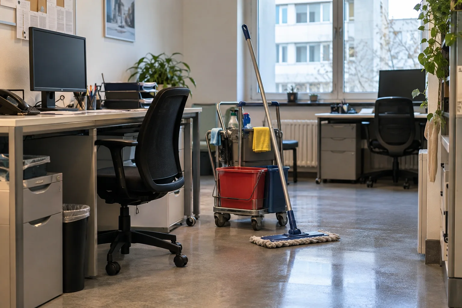 Büroarbeitsplätze mit Reinigungswagen und Bodenwischer