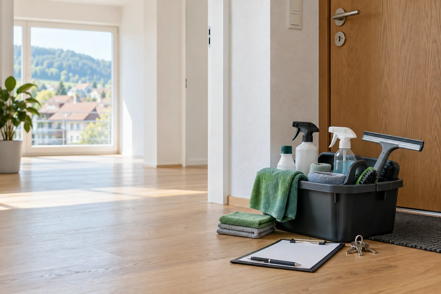 Vorbereitete Reinigungsausrüstung in einer Schweizer Wohnung